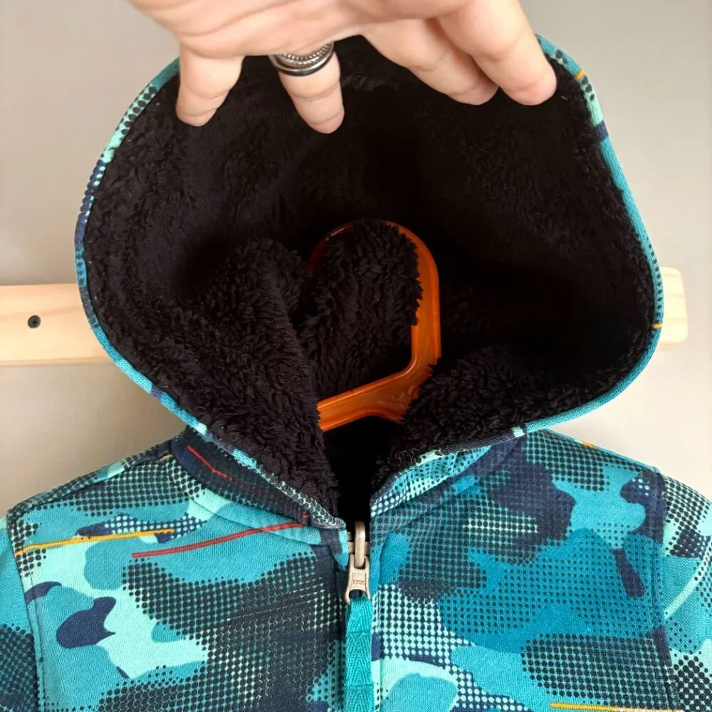 Lands' End Kids Reversible Sherpa Fleece Hoodie in Blue Graphic Camo Print